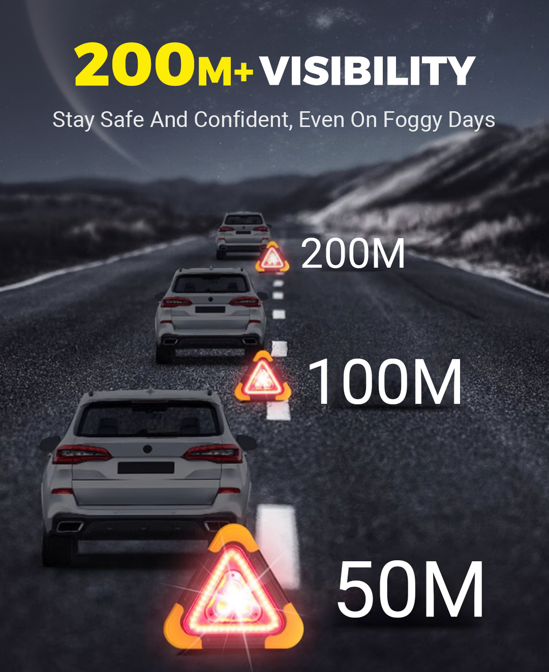 3-IN-1 Solar Emergency Triangle Warning Light at the Roadside